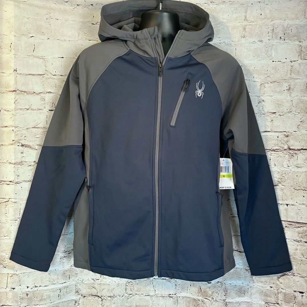 Spyder Mens Frontier Softshell Jacket Hooded Full Zip Blue Gray Size Medium NWT